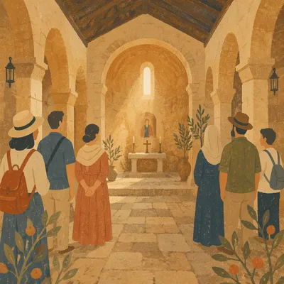 Ancient Middle Eastern Church Interior with Visitors