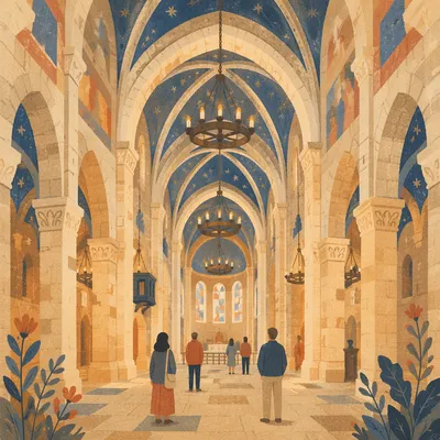Ancient Middle Eastern Church Interior with Visitors
