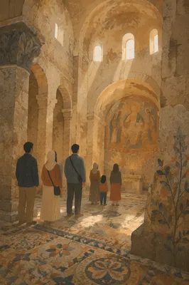 Ancient Middle Eastern Church Interior Visitors