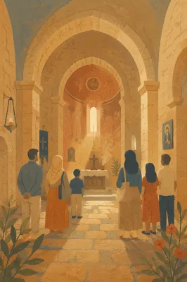 Ancient Middle Eastern Church Interior with Visitors