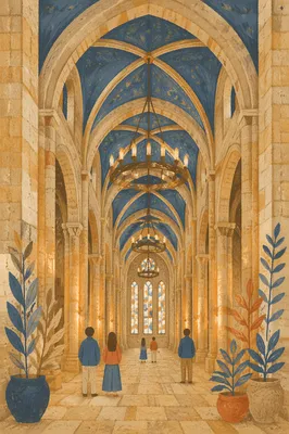 Ancient Middle Eastern Church Interior with Visitors