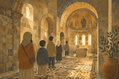 Ancient Middle Eastern Church Interior with Visitors