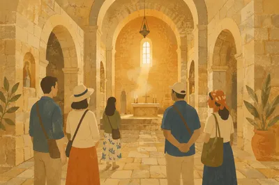 Ancient Middle Eastern Church Interior with Visitors