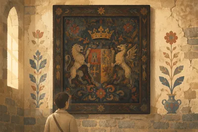 Visitor Before Historic Church Wall Painting