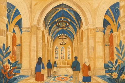Ancient Middle Eastern Church Interior With Visitors