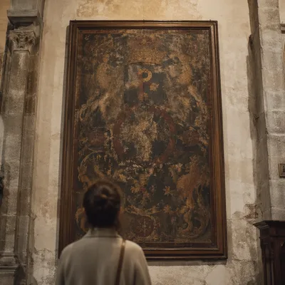Visitor Before Historic Church Painting
