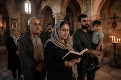 Worshippers in Ancient Stone Church Interior