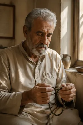 Elderly Man Holding Prayer Beads