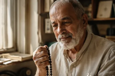 Elderly Man Holding Prayer Beads by Window