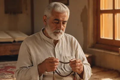 Elderly Man Holding Prayer Beads Indoors