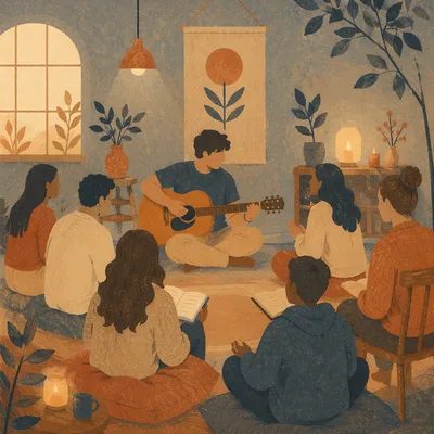 Young Adults Acoustic Gathering in Cozy Room