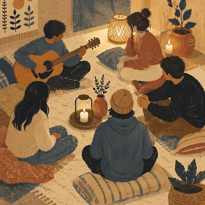 Intimate Acoustic Gathering in Cozy Living Room