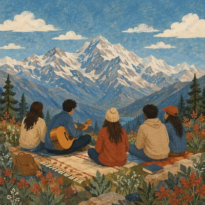 Young Adults with Guitar on Mountain Hillside