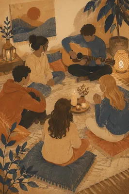 Intimate Acoustic Gathering in Cozy Living Room