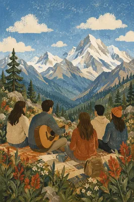 Young Adults on Mountain Hillside with Guitar