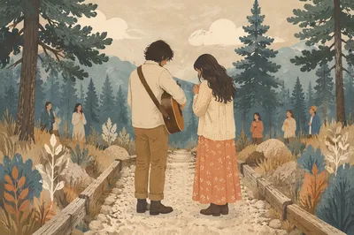 Couple with Acoustic Guitar in Pine Woods