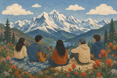 Young Adults with Guitar on Mountain Hillside