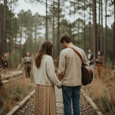 Two People with Guitar in Pine Woods