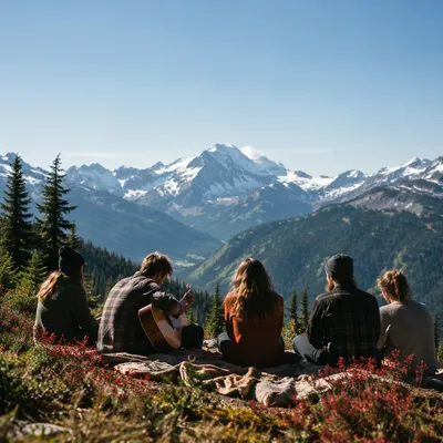Young Adults on Mountain Hillside with Guitar