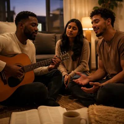 Three Friends Singing with Acoustic Guitar