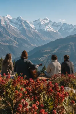 Young Adults with Guitar on Mountain Hillside
