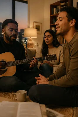 Three Friends Singing in Cozy Living Room