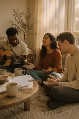 Three Friends with Acoustic Guitar Indoors