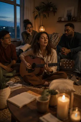 Intimate Acoustic Gathering in Cozy Living Room