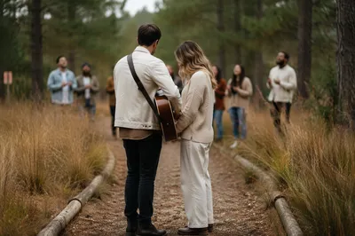 Two People with Acoustic Guitar in Pines