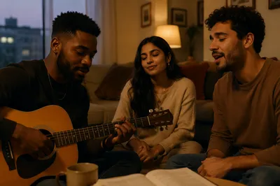 Three Friends Singing in Cozy Living Room
