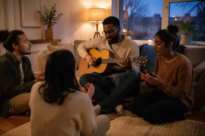 Friends Singing with Acoustic Guitar Indoors