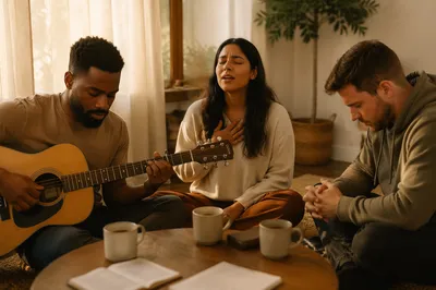 Three Friends with Acoustic Guitar Indoors