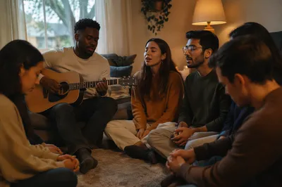 Friends Singing with Acoustic Guitar Indoors
