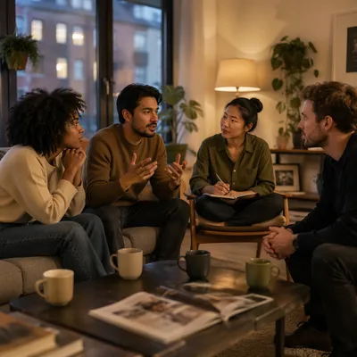 Four Friends Talking in Cozy Apartment