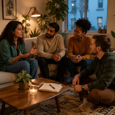 Four Friends Talking in Cozy Apartment