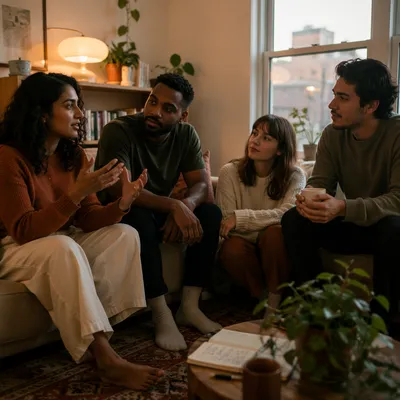 Four Friends Talking in Cozy Apartment