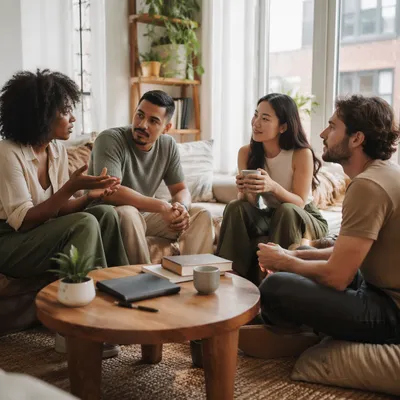 Friends Talking in Bright Apartment Living Room