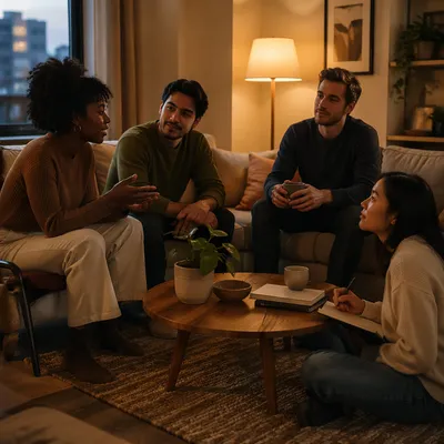 Friends Talking in Cozy Apartment Living Room