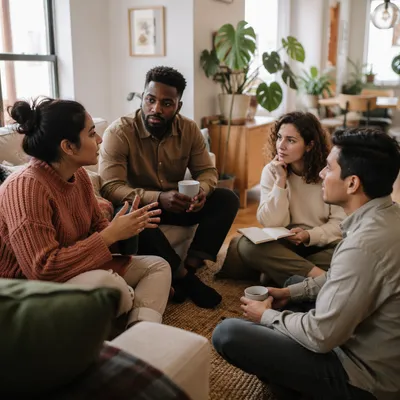 Four Friends Talking in Bright Apartment