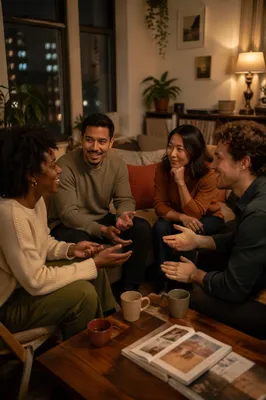 Friends Talking in Cozy Apartment Living Room