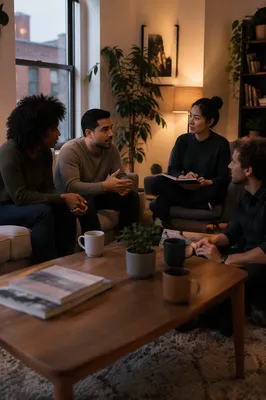 Four Friends Discussing in Cozy Apartment