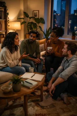 Friends Talking in Cozy Apartment Living Room