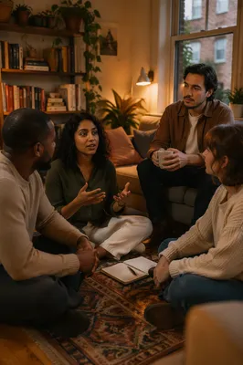 Four Friends Talking in Cozy Apartment