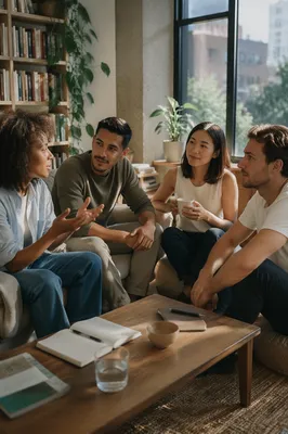 Four Friends Talking in Bright Apartment