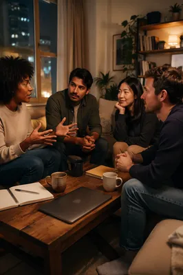 Four Friends Talking in Cozy Apartment