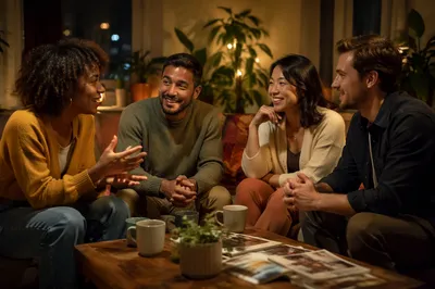 Friends Talking in Cozy Apartment Living Room