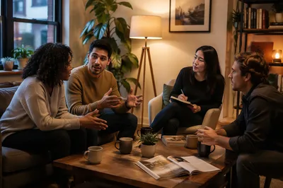 Millennials Discussing in Cozy Apartment Living Room
