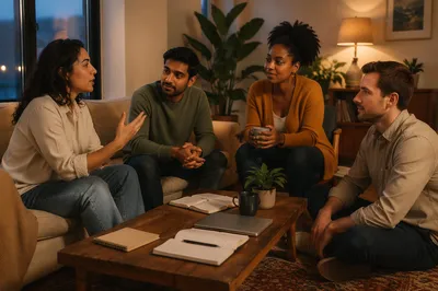 Friends Talking in Cozy Apartment Living Room