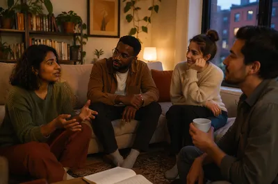 Four Friends Talking in Cozy Apartment