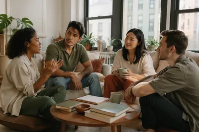 Four Friends Discussing in Sunny Apartment